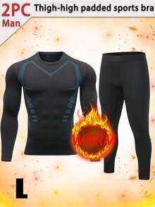 Two Piece Boyfriend Style Men's Set, Men's Compression Set, Quick Drying Fitness Set, Wool Lined Leggings And Pants, Long Sleeved Exercise Training Set, Sports Bra And Leggings, Suitable For Gym Wear, Boyfriend Gift Selection - Black - View 10