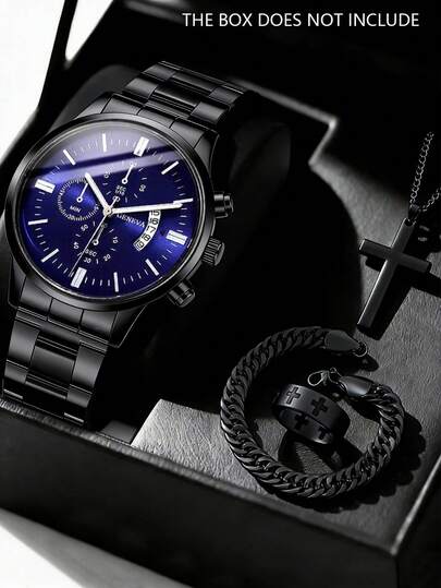 Bộ 4 món đồng hồ nam thạch anh tối giản dành cho doanh nhân, bộ đồng hồ thạch anh chronograph đa chức năng màu đen cá tính dành cho nam, bao gồm đồng hồ dây kim loại đen, vòng tay, dây chuyền và nhẫn. Điểm nhấn là sự tương phản màu đen cá tính và kết cấu kim loại mạnh mẽ, chiếc đồng hồ có thiết kế sâu lắng.