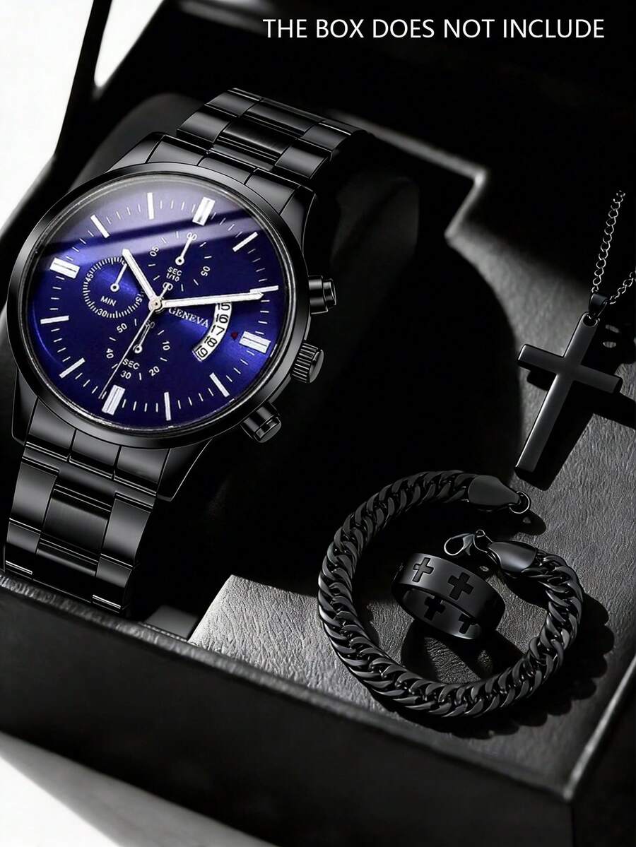 Bộ 4 món đồng hồ nam thạch anh tối giản dành cho doanh nhân, bộ đồng hồ thạch anh chronograph đa chức năng màu đen cá tính dành cho nam, bao gồm đồng hồ dây kim loại đen, vòng tay, dây chuyền và nhẫn. Điểm nhấn là sự tương phản màu đen cá tính và kết cấu kim loại mạnh mẽ, chiếc đồng hồ có thiết kế sâu lắng. - màu đen - Xem 1