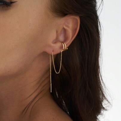 1件装时尚立方氧化锆流苏耳夹耳环，骨形夹式耳环配金属耳链，人造锆石耳夹耳环配饰，适合日常、节日、派对佩戴及礼品