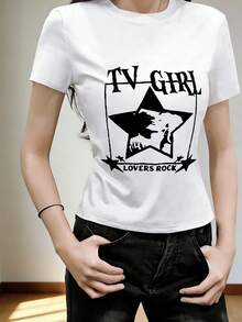 女士圆领短袖T恤，美式辣妹风格，夏季新款五角星图案和字母印花，时尚修身露脐休闲上衣 - 白色 - 查看 2