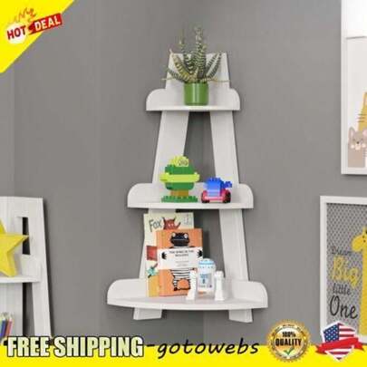 Corner Ladder Wall Shelf White 3 Open Shelves Storage Rack Space Saving Decor US