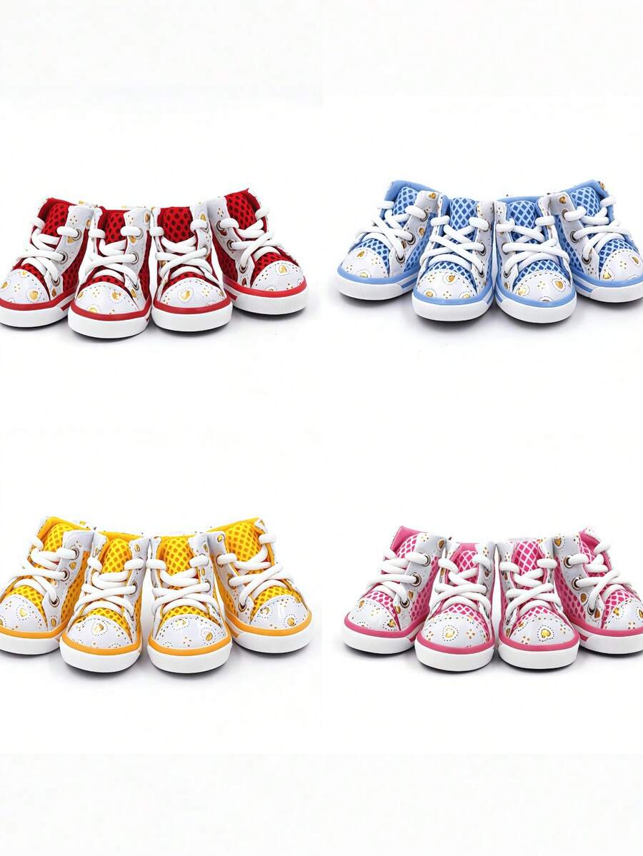 4pcs/Set Casual Sports Style Multicolor High-Top Canvas Shoes, Mesh Upper With Heart Print Design, Breathable & Anti-Slip, Lightweight Paw Protection, Suitable For Small Dogs Daily Walks And Outdoor Hot Weather - Multicolor - View 1