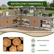 Table d'appoint pour barbecue, meuble de jardin mobile, résistant aux intempéries, plan de travail en acier inoxydable, buffet d'extérieur, meuble de jardin avec lavabo, robinet et ouvre-bouteille intégré - Naturel - Voir 8