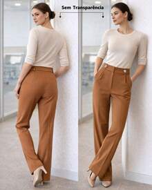 Women's Trousers/Tailored Trousers/Basic Trousers/Elegant Trousers/Skinny Trousers/Pocket/Zipper/Button - 淡焦糖 - 查看 3