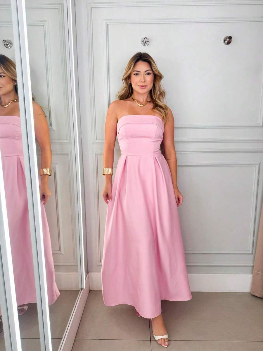 Women's Long Strapless Dress With Tie Back In Premium Tailoring, Elegant, Sensual - Màu Hồng baby - Xem 1