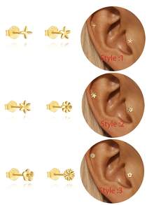 2pcs S925 Sterling Silver Tiny Four Point Star Stud Earring Minimal Helix Cartilage Piercing Jewelry Gift For Women Daily Wear - Gold - View 12
