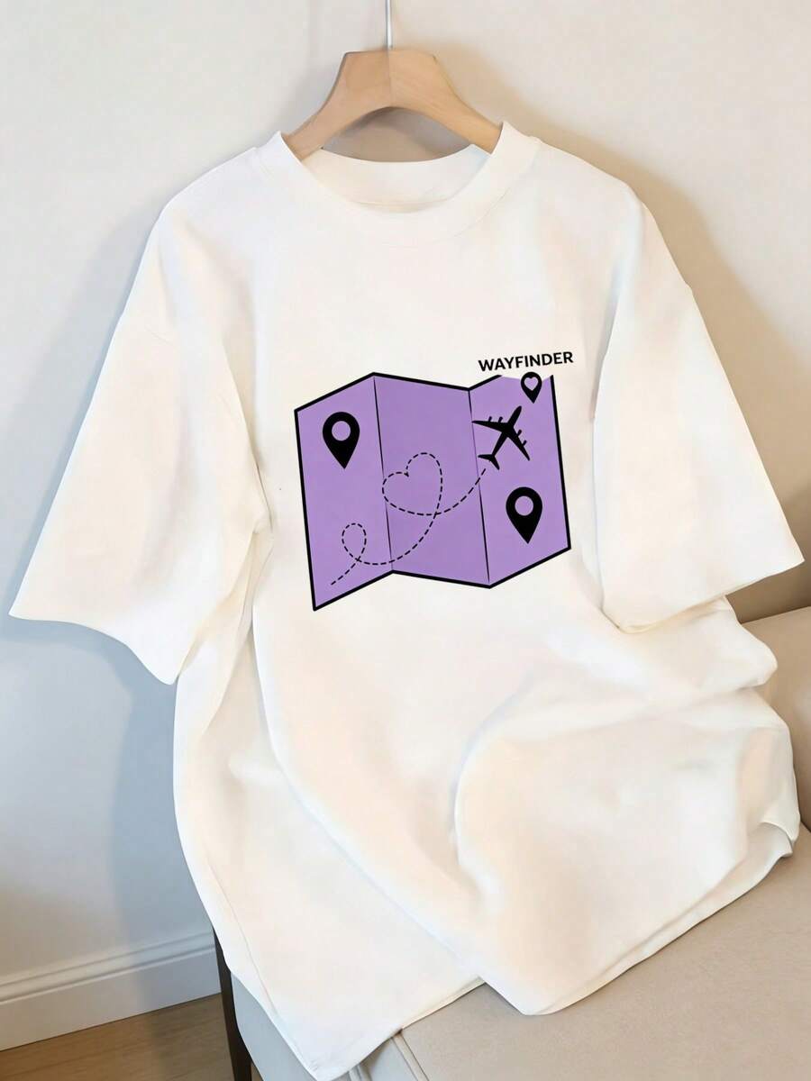 Effortless Graphic Map Design Women's Short-Sleeve T-Shirt, Round Neck Slim Fit, Suitable For Daily Casual Wear, Travel Adventures, And Casual Gatherings. Decorated With A Stylish "Pathfinder" Print, Featuring Images Of Airplanes And Landmarks. Relaxed Fit - White - View 1