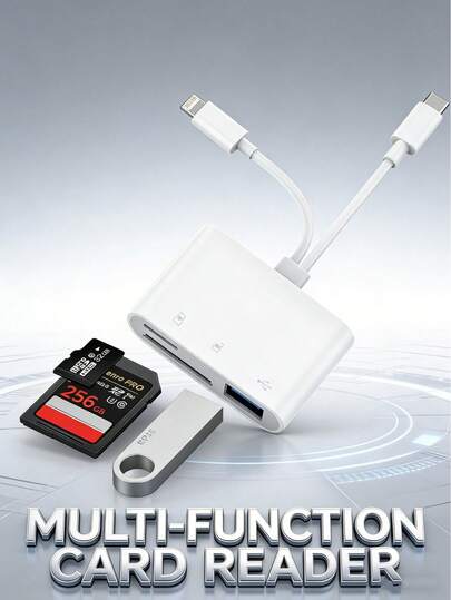 1 pieza Adaptador multifunción, Plug and Play, Lightning + Tipo-C a lector de tarjetas de almacenamiento, Lector de tarjetas SD/TF/USB para cámara, Compatible con iPhone 17 Pro Max/17 Pro/17 Plus/17/16/15/14/13/12/11, S26/S25/S24/S23/S22/S21/S20, Portátil con cable convertidor
