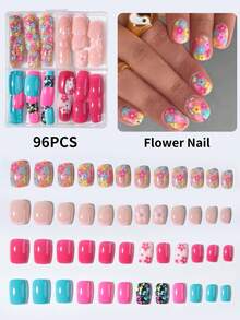 96片（4种混合款式）短方形粉色猫眼美甲贴纸，彩色花卉、枫叶和金粉设计，适合春、夏、秋季佩戴，易于佩戴的亚克力假指甲套装，包含1瓶果冻胶和1把指甲锉，适合女性日常生活和各种派对场合 - 彩色 - 查看 3