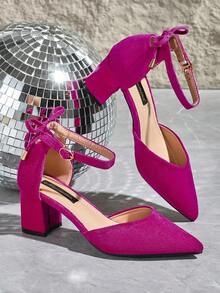 Women's Pointed Toe Suede Hollow Out Bowknot Chunky Heel Pumps, Versatile For Daily, Work, Business, Black, Plus Size,Mothers Day Gift - Hot Pink - View 3