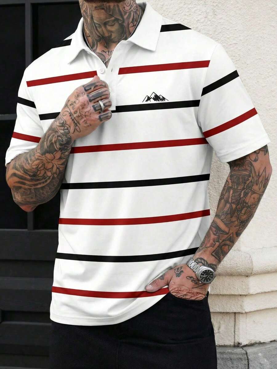男士夏季新款撞色条纹Polo衫，休闲百搭翻领短袖T恤 - 彩色 - 查看 1
