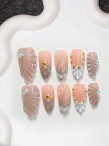 10pcs Ocean Gradient Style Manicure Set, Including Gel Nail Kit, Blue Rhinestones, Shell Nail Decorations, Line Nail Art Decor, White Nail Polish, Mermaid Shell Style, With Nail Tools (1 Jelly Sticker + 1 Nail File). Available In 3 Sizes Suitable For Almond, Duck Mouth, And Coffin Nails. Suitable For Parties, Daily Wear, Parties, Photography, Spring/Summer Dates, Office, And More. - 彩色 - 查看 17
