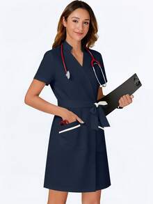 cimmuovere 女款 V 領短袖開襟口袋刷手服 護理師工作服 牙醫醫療寵物醫院實驗室工作裙 秋季 - 藏蓝色 - 查看 7