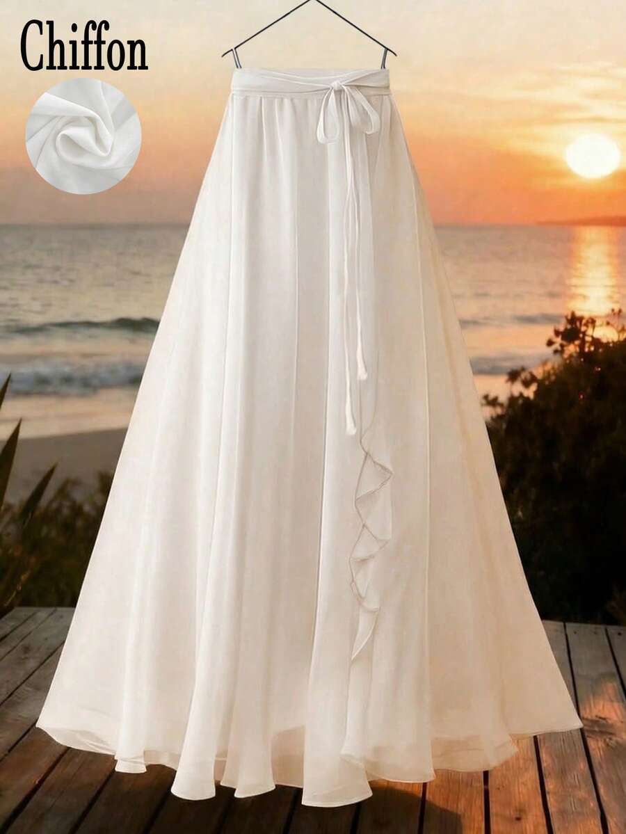 女士纯色优雅花卉蕾丝/荷叶边腰带垂褶A字长裙 白色 - 白色 - 查看 1