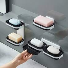 Suporte para Sabonete, Armazenamento Montado na Parede, Adequado para Pia de Cozinha, Chuveiro do Banheiro, Função de Drenagem e Anti-Ferrugem, Atualização Inovadora, Instalação Sem Furos, Design Quadrado de Plástico - Multicolorido - Visão 1