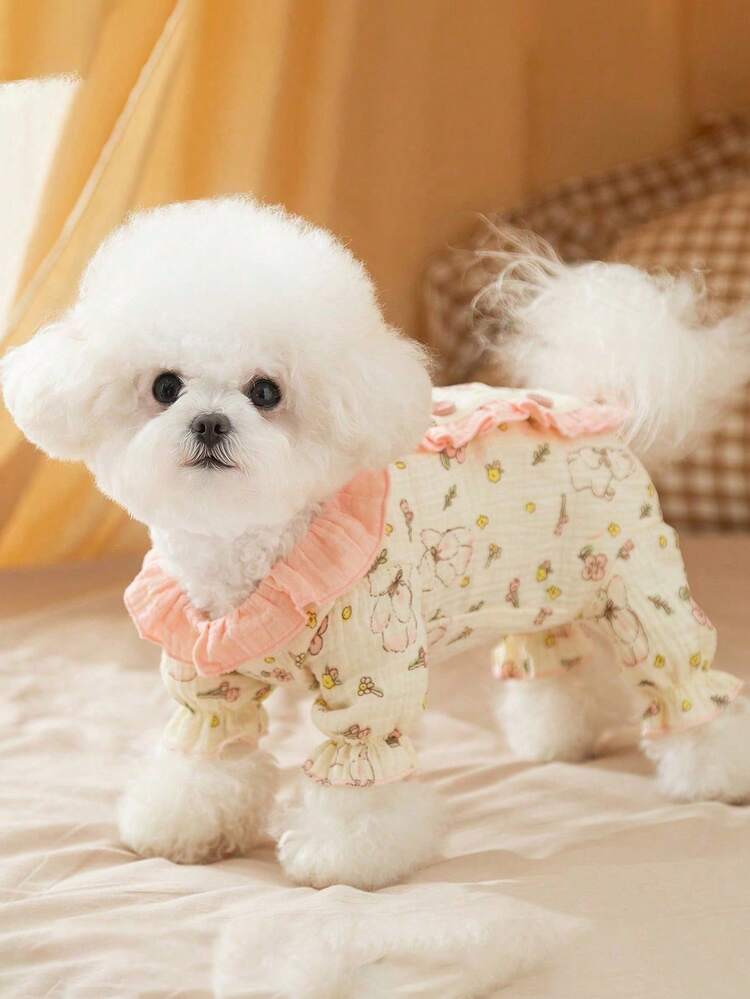 Faja con adorno de encaje con tema de cachorro, abrigo de oso de peluche con estampado floral cálido para otoño e invierno, adecuado para perros pequeños, incluyendo Bichones Frisé, ropa para mascotas, ropa de estar en casa, cuello delicado, ancho de hombro apropiado, diseño con botones, perfecto para fiestas de mascotas, uso en casa y regalos de cumpleaños. - Multicolor - Añade 5
