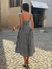 PoPoHouse Women's Cotton Gingham Print Midi Dress Sexy Backless Spaghetti Strap Square Neck Dress For Daily Casual Date Commute Summer Beach Vacation Going Out Outfit Black & White Gingham Dress - Black - View 2