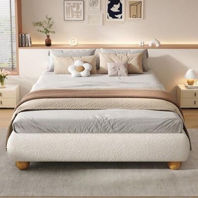 Upholstered Bed, 4ft6 Double Bed 135*190cm, Sturdy Bed Slats, Comfortable Soft Bed, Boucle + MDF+Plywood, Beige