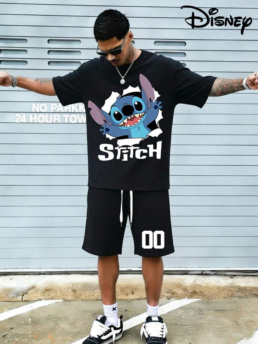 Disney Lilo & Stitch Peeking Stitch Graphic T-Shirt & Shorts Set, Stitch 00 Casual Outfit For Men - 黑色 - 查看 1