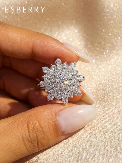ESBERRY 1枚S925纯银圆形雪花水钻戒指，女士戒指，精致独特，适合舞会、聚会和派对等场合，优雅的女士珠宝礼物