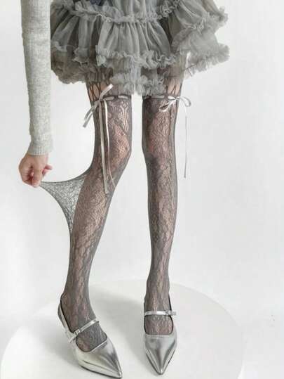 Meia-calça de Renda Sexy Coquette para Mulheres, Meia-calça Transparente com Recorte e Laço, Estética Vintage Cinza de Alta Elasticidade e Ajuste Slim