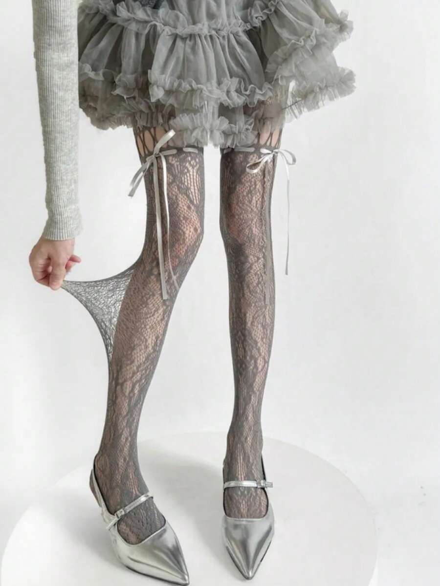 性感蕾丝女士连裤袜，透明镂空蝴蝶结渔网袜，灰色复古美学高弹紧身连裤袜 - 淺灰色 - 查看 1