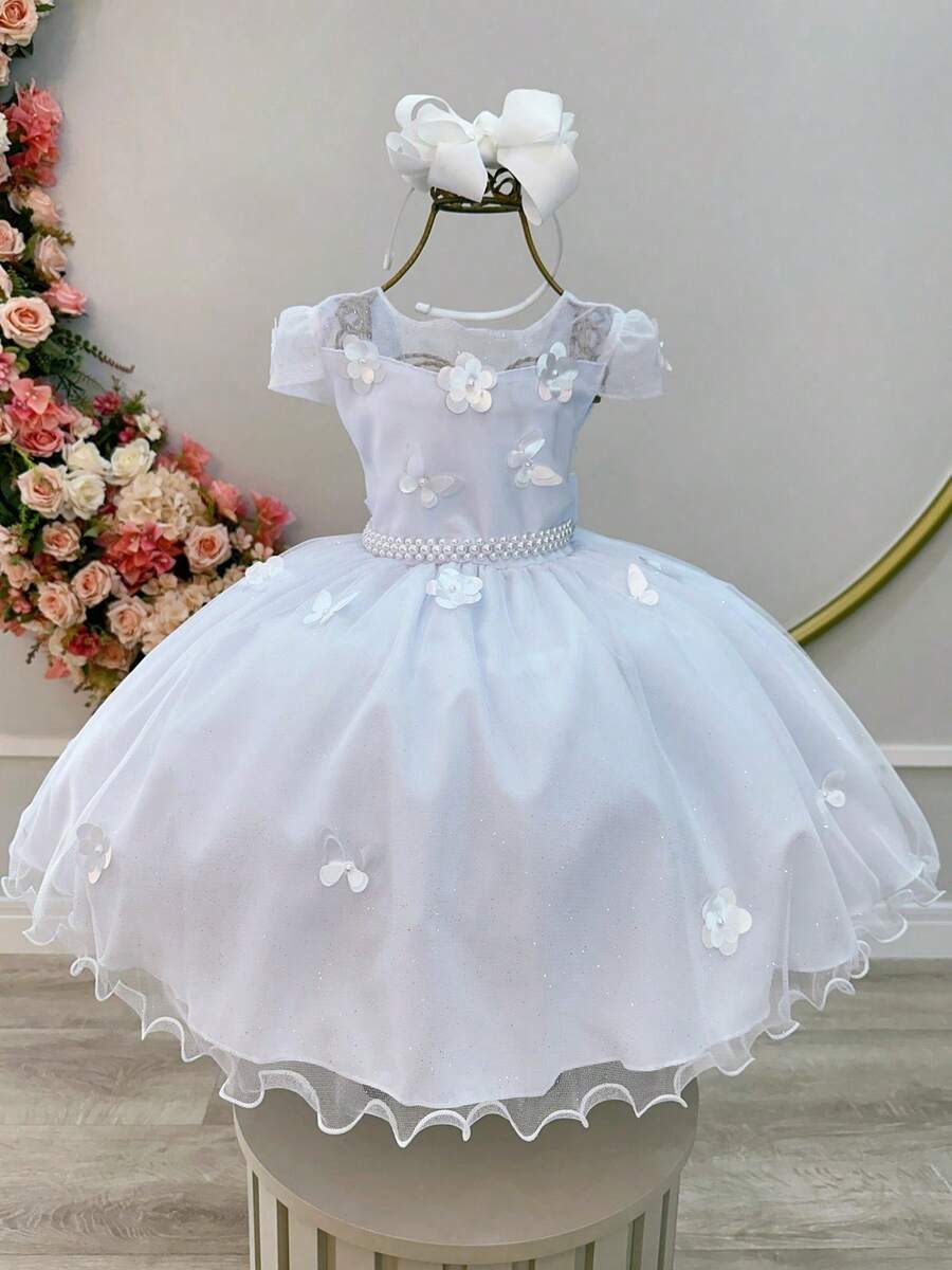 Vestido branco de  batizado com borboletavestido de festa branco  tamanho G ao 4 MD 068 - Branco - Visão 1