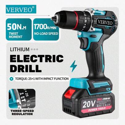 VERVEO 电动工具，20V 三功能手钻，带冲击功能，品质优良，价格实惠。电池组新增 TYP-C 接口，使用更便捷。这款电钻可用于钻孔、松螺丝和进行户外维护。工具必须选择合适的型号。