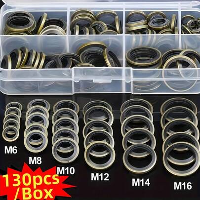130pcs Automotive Oil Pan Drain Plug Gasket Kit | 6 Sizes M6/M8/M10/M12/M14/M16 Combination Seal Washer Set, Metal Rubber Oil Seal Gaskets, Drain Plug Washers, Rubber Washers, Replaceable Sealing Gaskets, Suitable For Central Hydraulic, Power Steering System