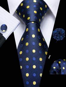 Men's Blue Yellow Polka Dots Tie Set With Pocket Square And Cufflinks Corsage, Fit For Formal Occasions - Blue - View 1