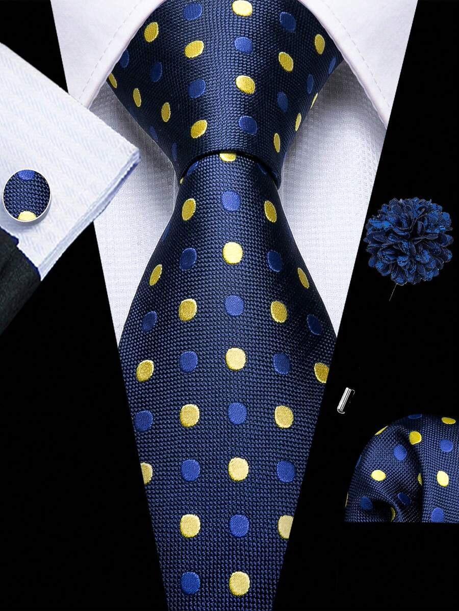 Men's Blue Yellow Polka Dots Tie Set With Pocket Square And Cufflinks Corsage, Fit For Formal Occasions - Blue - View 1
