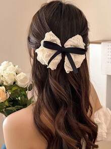 1 pièce Pince à cheveux avec nœud en dentelle française, épingle à cheveux de style vintage pour coiffure mi-relevée, accessoire capillaire polyvalent pour femmes, été, vacances, voyage, accessoires de tête, pinces à cheveux - Noir - Voir 4