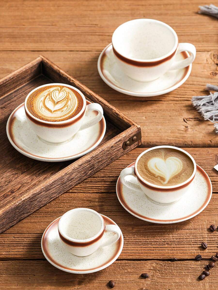 陶瓷咖啡杯碟套装，日式拉花咖啡杯，卡布奇诺杯，拿铁杯，意式浓缩咖啡杯，礼盒包装，送给女友、父母的奢华礼物，节日佳品 - 彩色 - 查看 1