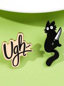 2件套趣味小众黑猫持刀胸针，Ugh字母设计，个性化表达时尚配饰徽章套装 - 彩色 - 查看 3