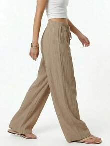 Pantalones anchos de cintura alta y pierna ancha, casuales y sueltos para mujer. Pantalones rectos y fluidos, cómodos y versátiles, adecuados para primavera/verano - Caqui - Ver 2