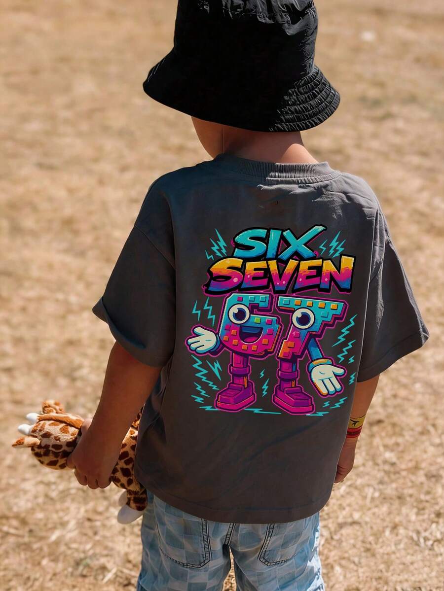 1pc Young Boy Numeric Robot Print Short Sleeve T-Shirt, Children Casual Breathable Crew Neck Top, Street Style - Dark Grey - View 1
