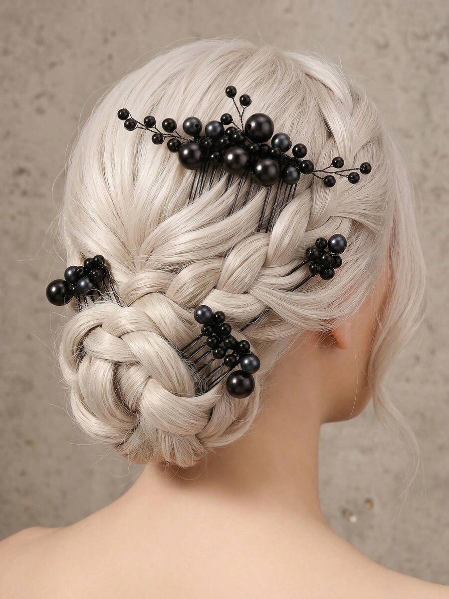5 pezzi Set di pettini e fermagli per capelli retrò neri con perle finte, accessori eleganti per acconciature da sposa realizzati a mano con perline, adatti per banchetti, feste, estate, spiaggia, matrimoni