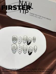 10片中号椭圆形手工按压式美甲贴片，银色法式波点图案，3D斑点狗蝴蝶结美甲，亮面亚克力美甲贴片，可重复使用，适合日常佩戴和派对美甲 - 彩色 - 查看 2