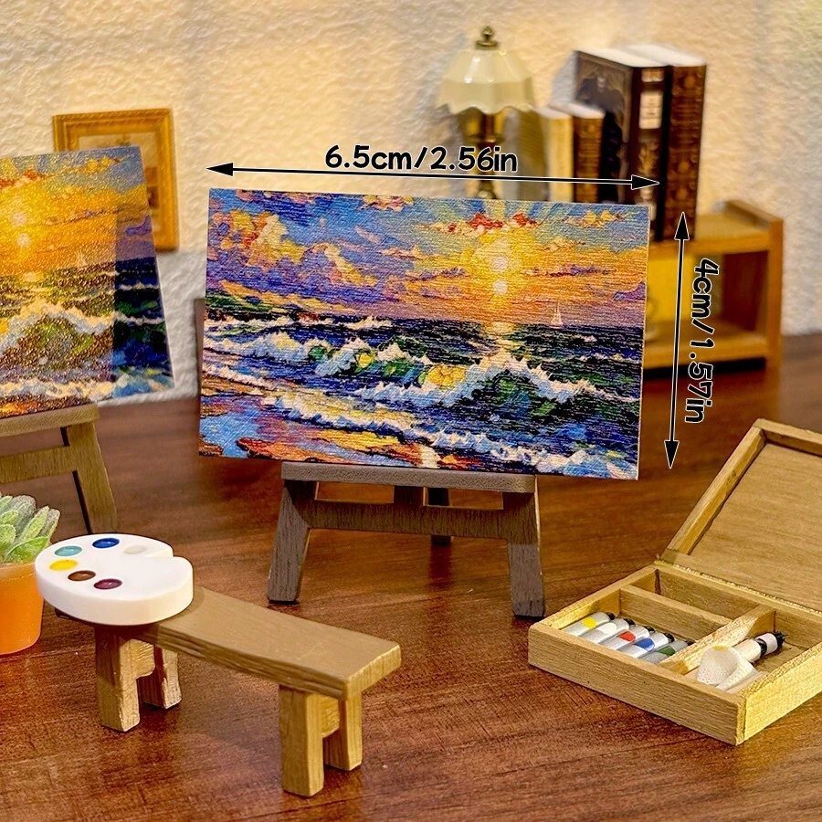 这幅比例为1:12的迷你日落海滩油画细节精美，套装包含画架、画布、画凳、调色板和绘画工具箱。它是微缩房屋场景绘画的必备之选，也是送给微缩模型爱好者的完美礼物。 - 均碼 - 查看 1