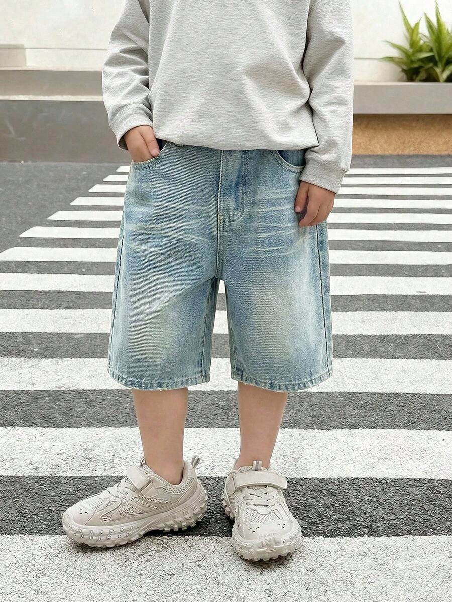 幼儿时尚休闲复古街头宽松舒适透气蓝色牛仔短裤,适合日常穿着、春夏嘉年华和街头穿着。 - 藍色 - View 1
