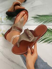 Dép xỏ ngón kẻ sọc thanh lịch dành cho nữ, dép lê đi biển nhẹ nhàng, gợi cảm, phong cách bohemian, thích hợp cho mùa hè. - Màu be - Xem 1