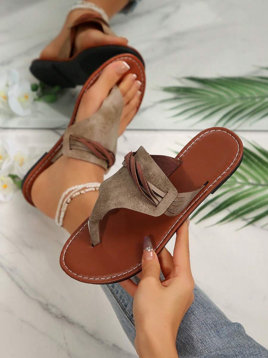 Dép xỏ ngón kẻ sọc thanh lịch dành cho nữ, dép lê đi biển nhẹ nhàng, gợi cảm, phong cách bohemian, thích hợp cho mùa hè. - Màu be - Xem 1