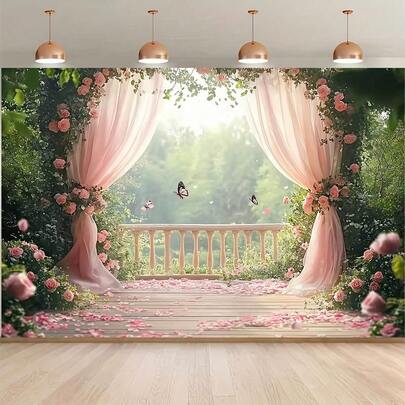 1pc 2D Photography Backdrop, Romantic Pink Floral Rose & Greenery Path, Elegant Wedding Baptism Birthday Party Photo Prop, All-Season Home Garden Decor, Dreamy Aesthetics, Premium Material, Vivid