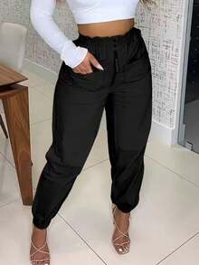 Japanese Style Elastic Waist Drawstring Relaxed Fit Casual Pants - Black - View 1