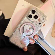 GUCADI Transparent Magnetic Pink Rabbit & Deer + Gold-Plated Deer Heart-Shaped Magnetic Stand Phone Case, Compatible With IPhone 17 Pro Max, 16, 13, 15, 17. Transparent Gold-Plated Magnetic Stand, Painting Style, Original Design, Girly, Creative, Geometric, Cartoon Style, Cute, Fresh, Niche, Ins Style. - Clear - View 7