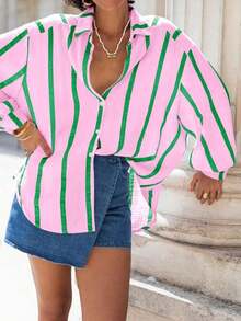 Women's Pink Striped Loose Chiffon Shirt, Elegant Cardigan Casual Blouse, Commuter Fashion Suitable For Dates, Spring/Summer - 粉紅色和綠色條紋 - 查看 2