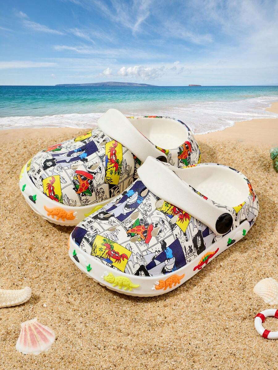 1 Pair Boys' Spring/Summer Lightweight Soft Sole Cute Cartoon Underwater World Casual Versatile Toe-Protecting Clogs - White - View 1