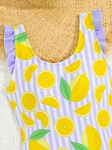 Tween Girls Knit Cute Lemon Digital Print Design Deep V-Neck Swimsuit Set, Suitable For Beach, Summer, Vacation, Seaside, Elegant Lady Fashion - Purple - View 3