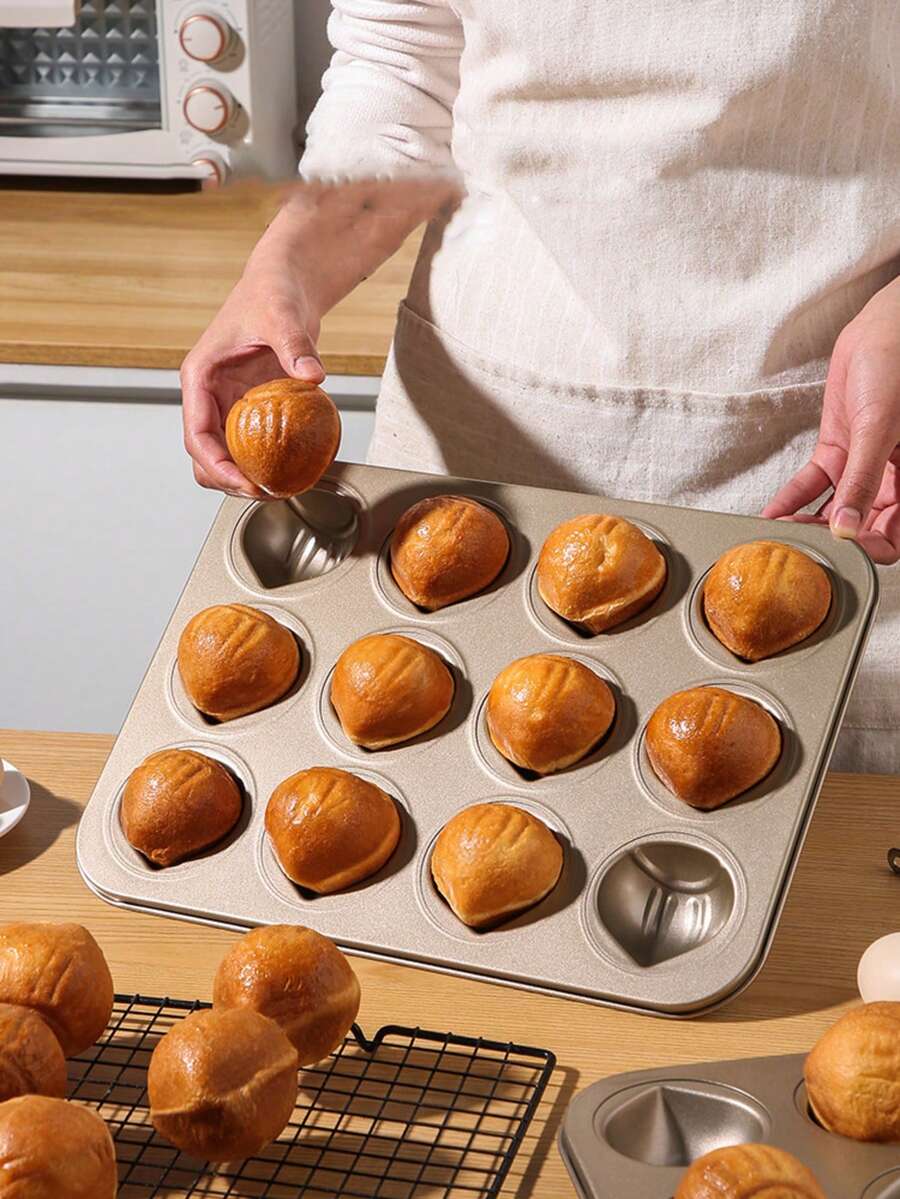 1个栗子图案烤盘，不粘材质，6/9/12孔玛德琳蛋糕烤盘，适用于家用烤箱烘焙（香槟金），不粘材质，高品质碳钢蛋糕烤盘，易于清洗和脱模